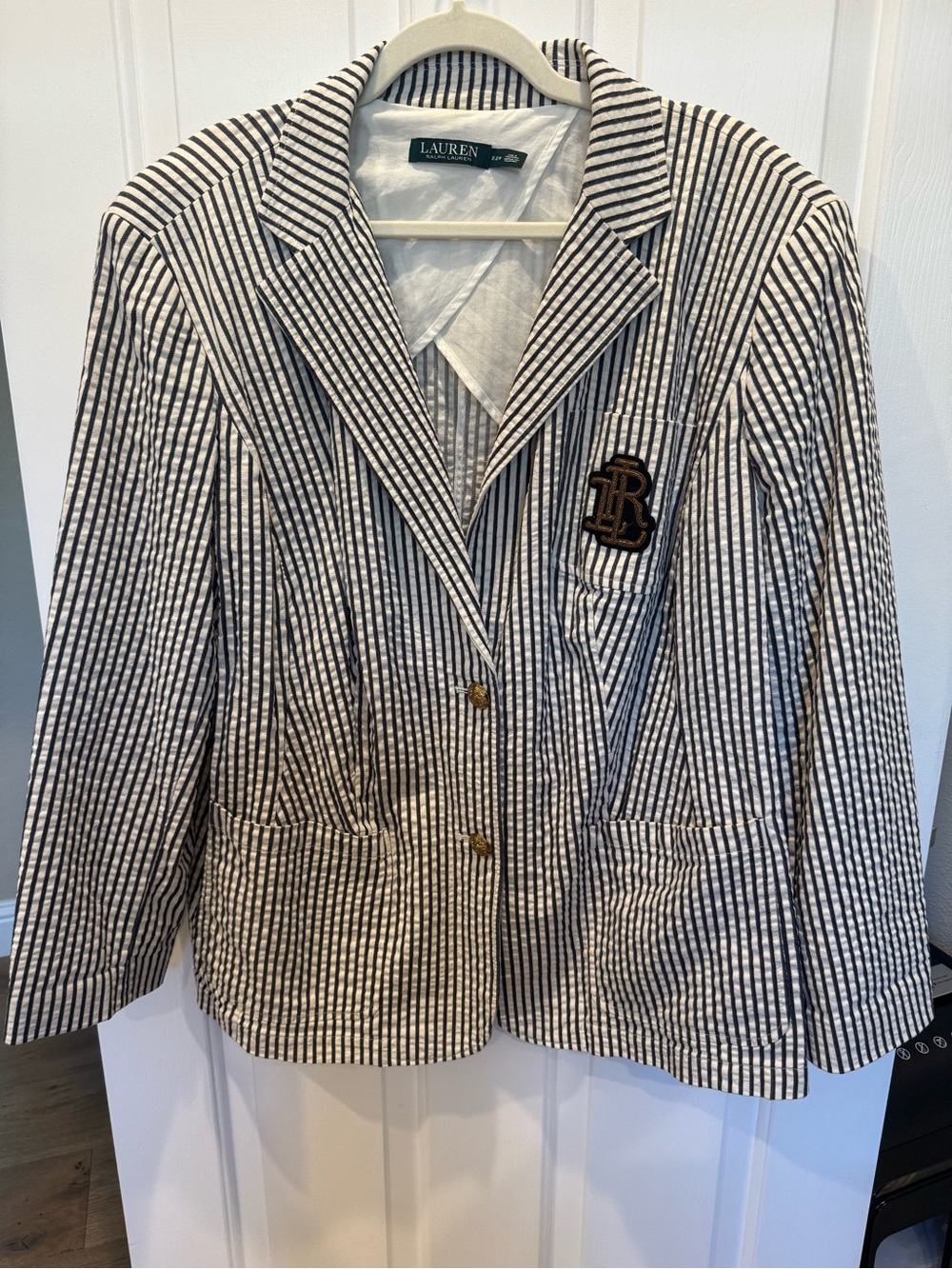 Lauren Ralph Lauren 22W Navy & White Striped Seersucker Blazer | Gold Crest